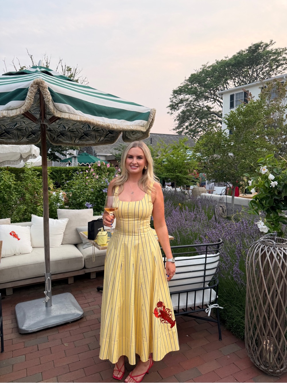 STAUD Yellow Striped Midi Dress with Red Lobster Detail - Picture 2 of 4